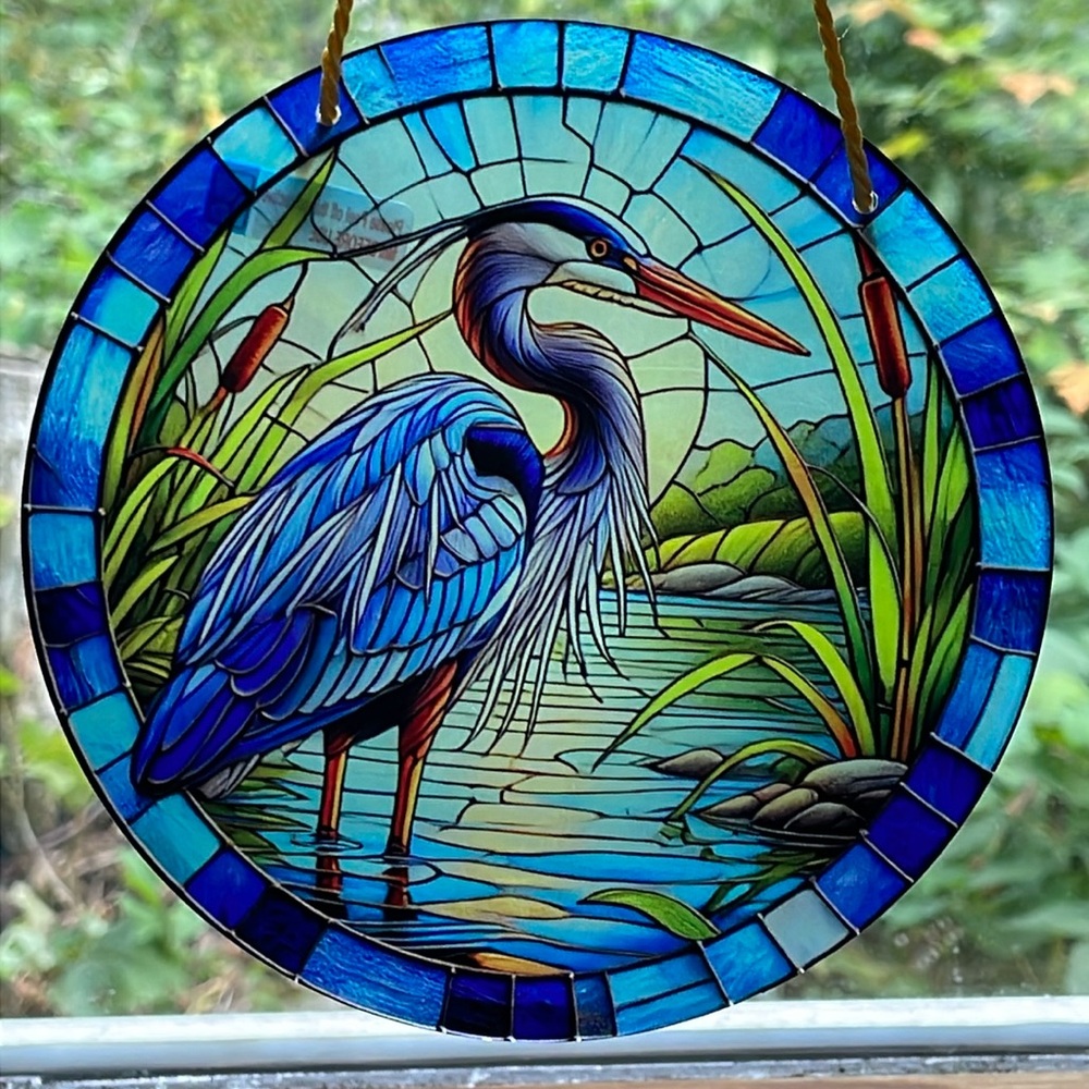 Suncatcher Blue Heron Bird Acrylic Window Decorative Faux Stained Glass New 6”